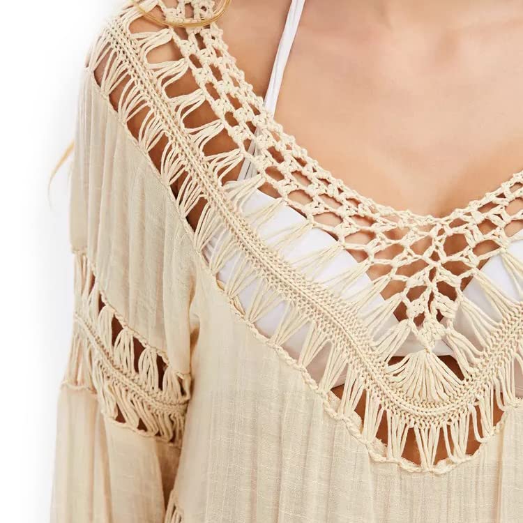 Vanbuy Crochet Lace Swimsuit Shirt Womens Shirts Cover Ups for Swimwear Long Sleeve Beach Essentials Crochet Bikini Cover Up Beige - Image 4